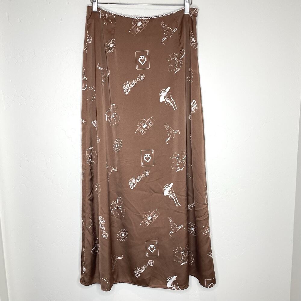 Satin Western Cowgirl Maxi Skirt Womens Large Festival Brown